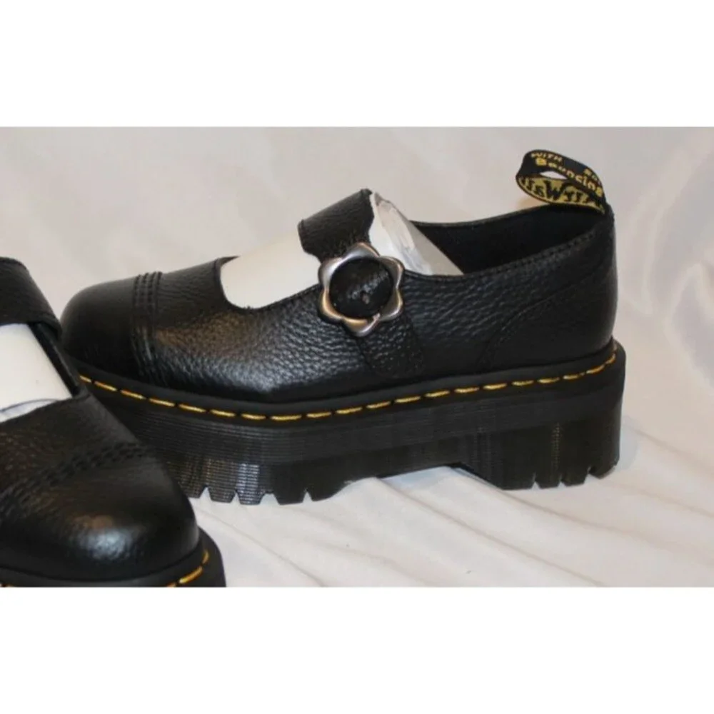 Dr Martens Women Addina Flower Buckle Mary Jane Leather Platform Sandal BLACK 10